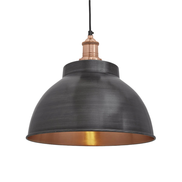 Industville Brooklyn 13 inch dome pendant in pewter and copper with copper holder on a white background