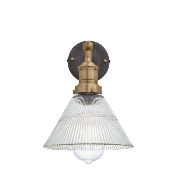 Industville Brooklyn 7 inch glass funnel wall light with brass holder on a white background