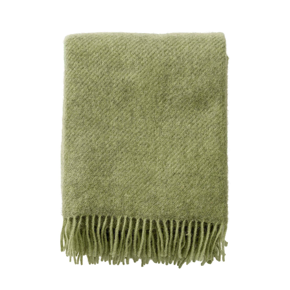 Klippan Gotland brushed wool throw in pear green, folded, with a soft fringed edge