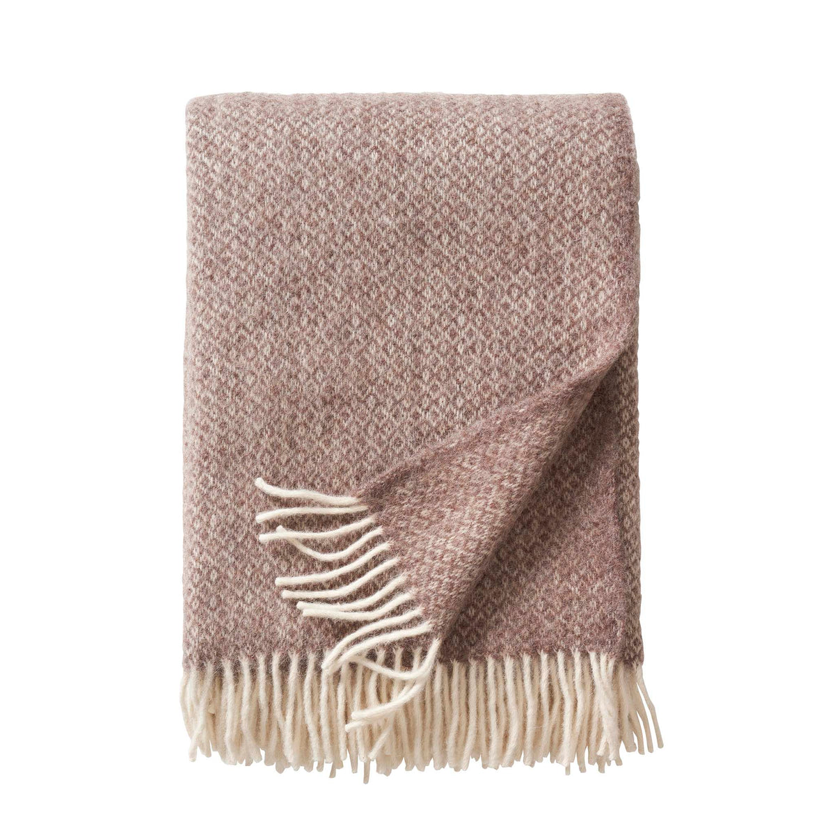 Klippan Lima alpaca and lambswool throw in sand, folded, showing woven diamond pattern and cream fringe