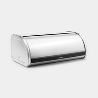 Matt steel Brabantia Roll Top Bread Bin shown from an angle