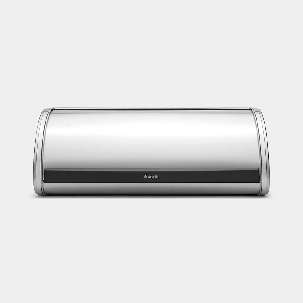 Brabantia Roll Top Bread Bin in matt steel, front view on white