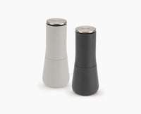 Joseph Joseph Milltop grey salt and pepper mill set, on white