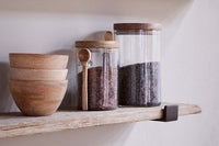Ibo reclaimed wood shelf styled with storage jars