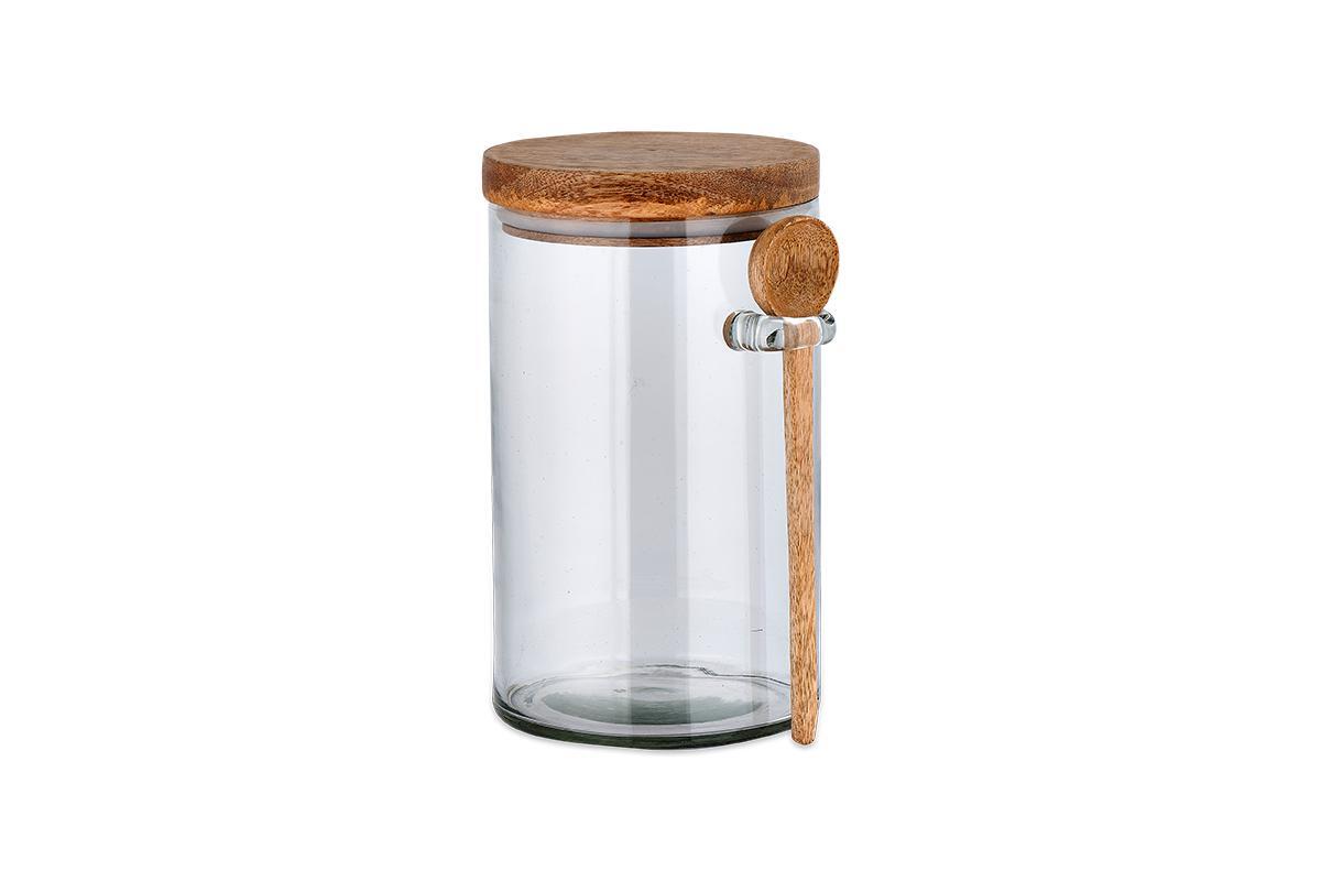 Large Kossi recycled glass storage jar with mango wood lid and spoon on white