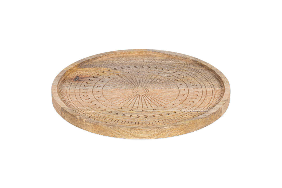Large Namuna hand-etched mango wood round tray on a white background