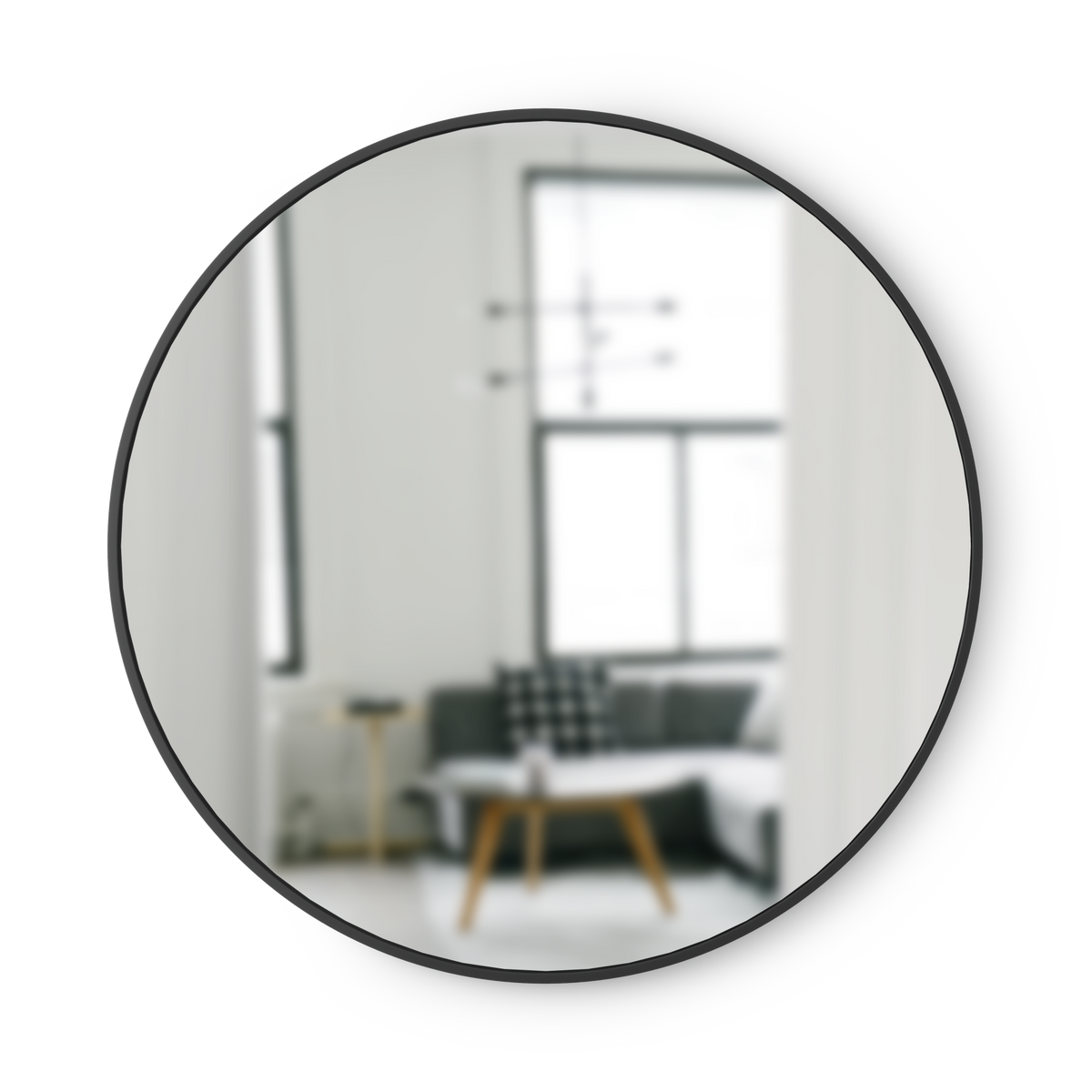 Umbra Hub round wall mirror with a black rubber frame shown alone on a plain background