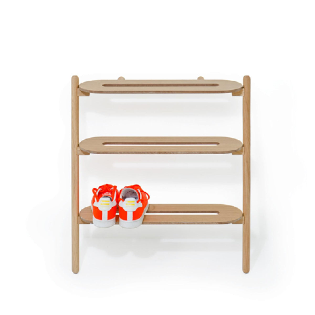 Wireworks Heel Bar leaning shoe rack in oak shown from the front on a white background