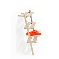 Wireworks Heel Bar oak shoe rack shown at an angle on a white background