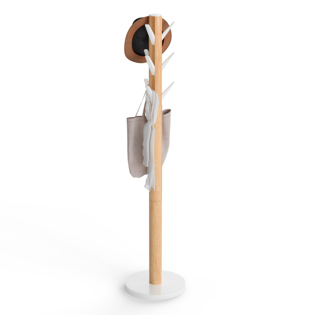 Umbra Flapper freestanding coat rack in natural wood with white hooks and white base on a white background